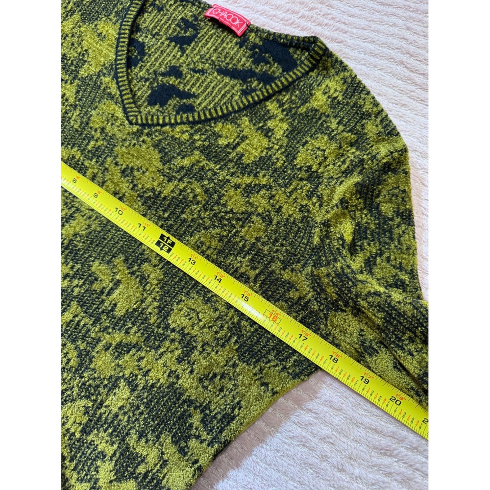 Chacok Womens V-Neck Sweater Olive Green Black Abstract Knit Long Sleeve Top